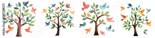 Colorful birds flying around trees in vibrant watercolor style, isolated on transparent background.