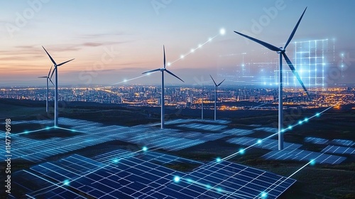 An aerial view of an urban landscape with solar panels and wind turbines, interconnected by glowing data lines symbolizing energy management.