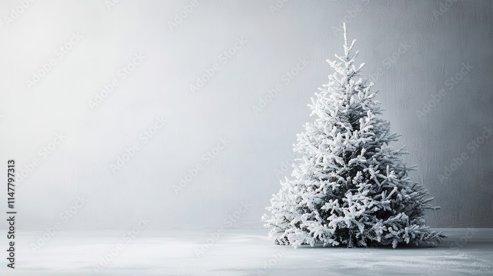 Fototapeta premium Minimalist gray background for product photography with just one white Christmas tree