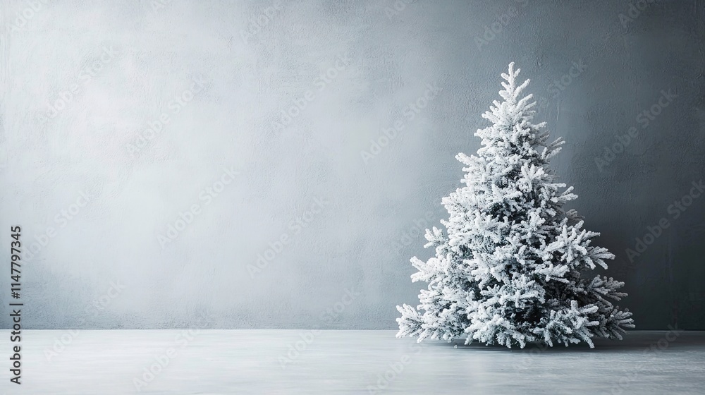 Fototapeta premium Minimalist gray background for product photography with just one white Christmas tree