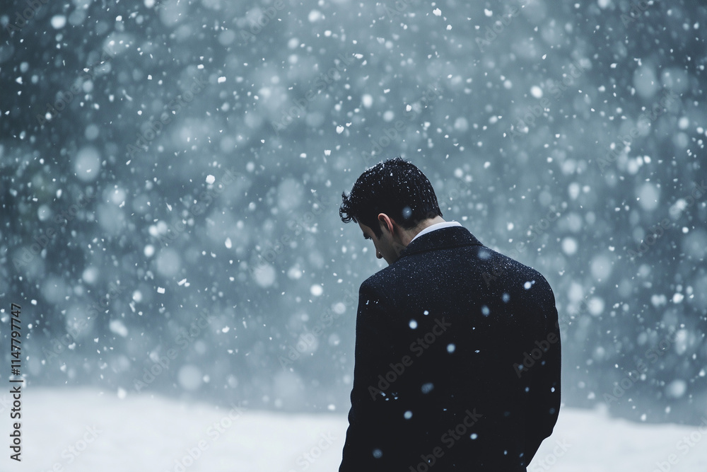 Man standing in snowstorm feeling contemplative Man standing in snowstorm feeling contemplative