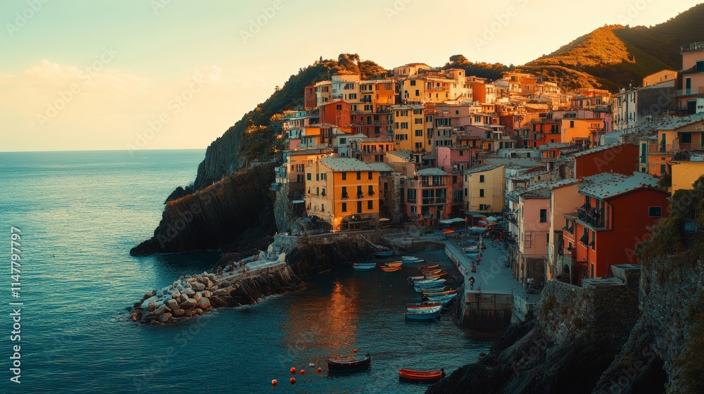Fototapeta premium Charming Coastal Village with Colorful Houses by the Sea at Sunset