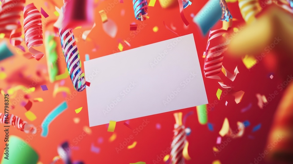 Fototapeta premium Celebration with floating card, colorful streamers, confetti on red.
