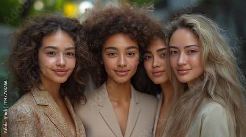 A group of four diverse, inspirational women standing together in an urban environment, exuding confidence, strength, and unity, dressed in stylish neutral outfits.