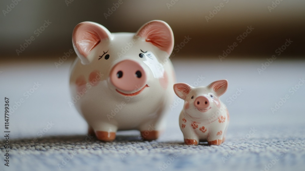 Cute ceramic piggy bank and small pig figurine on a soft surface Cute ceramic piggy bank and small pig figurine on a soft surface