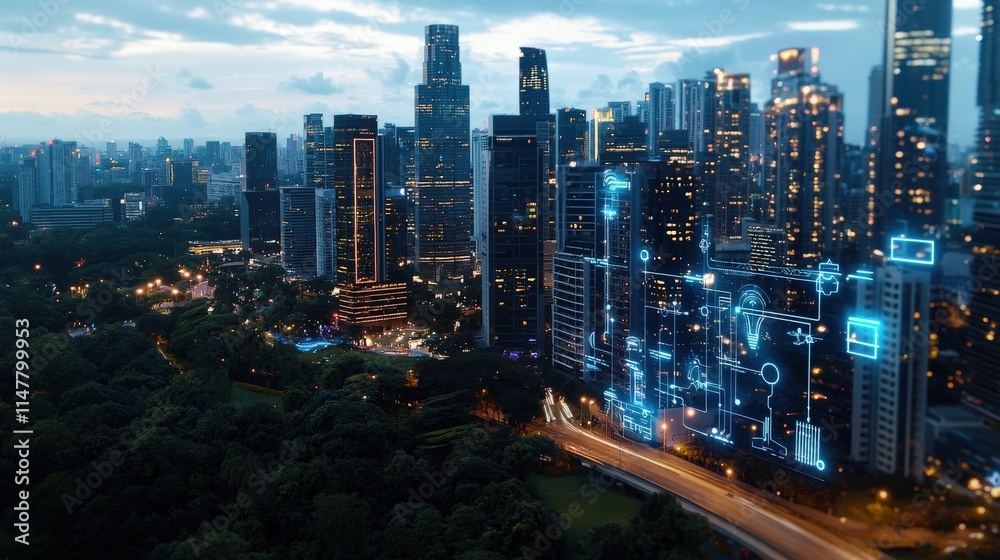 A cityscape with a lot of buildings and a park in the foreground A cityscape with a lot of buildings and a park in the foreground