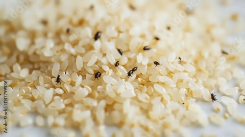 A close-up view of rice weevils scattered across a plate of white rice, their tiny bodies clearly visible among the grains.