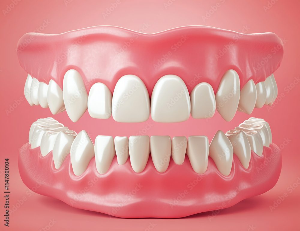 Obraz premium Realistic illustration of teeth with white and pink colors on an isolated background, front view.