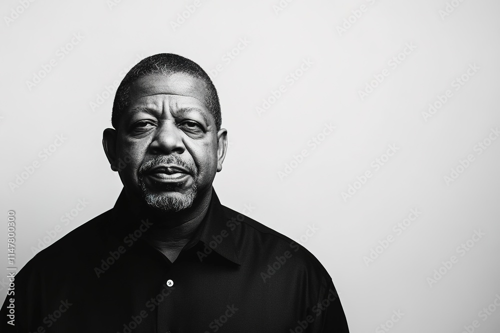 Portrait captures solemn expression, showcasing depth and streng