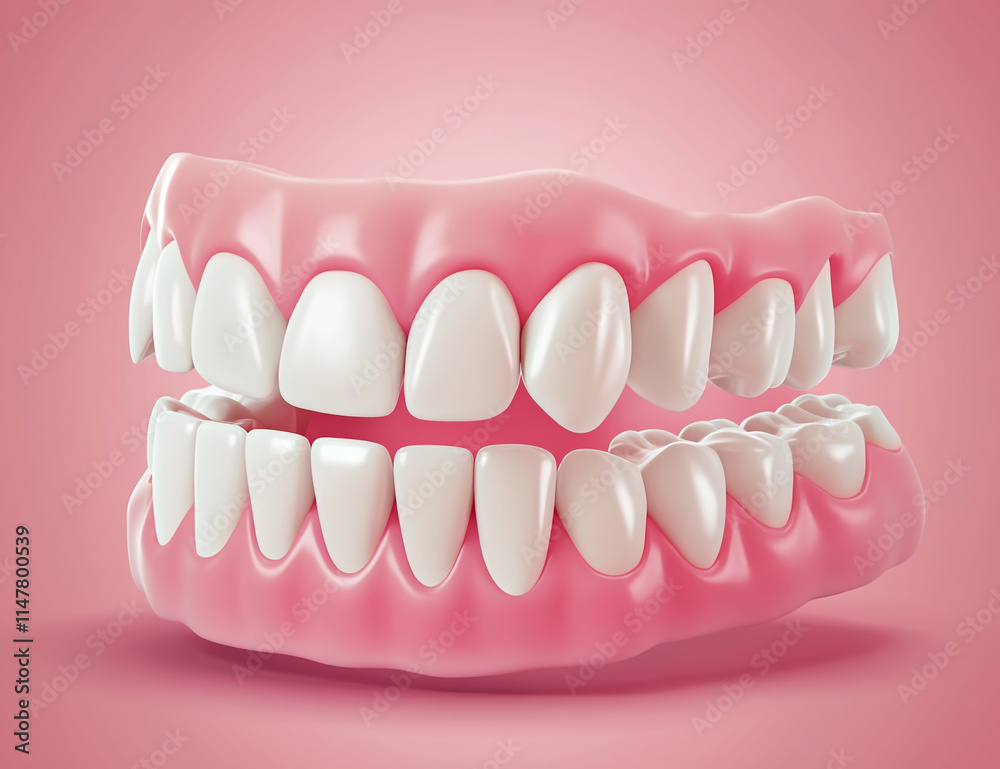 Obraz premium Realistic illustration of teeth with white and pink colors on an isolated background, front view.