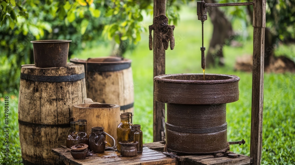 Traditional Olive Oil Production with Press and Jars in Orchard Setting Traditional Olive Oil Production with Press and Jars in Orchard Setting
