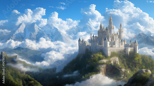 majestic castle surrounded by mountains and clouds