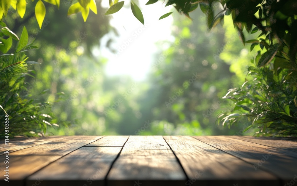 Wooden table with green leafy bokeh in background. Wooden table with green leafy bokeh in background.