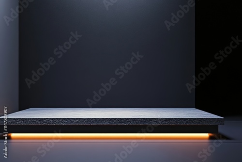 Minimalist display platform illuminated by soft orange light aga photo