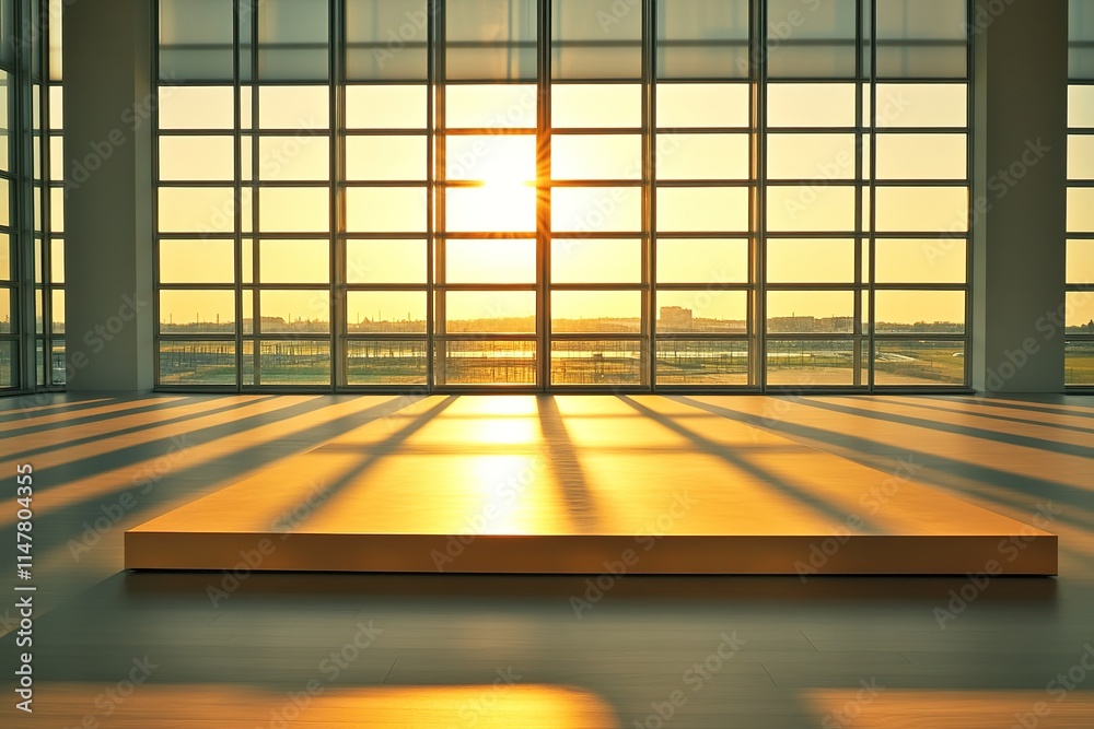 Spacious interior bathed in golden sunlight, showcasing modern a Spacious interior bathed in golden sunlight, showcasing modern a