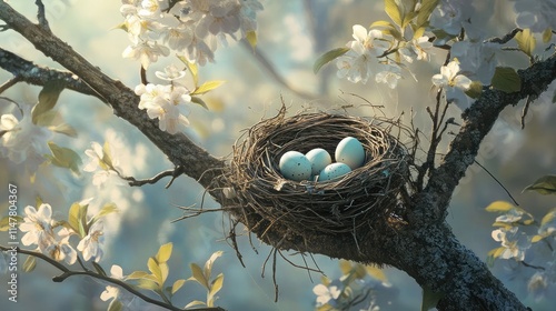 A birda??s nest in a tree with eggs, symbolizing naturea??s renewal photo