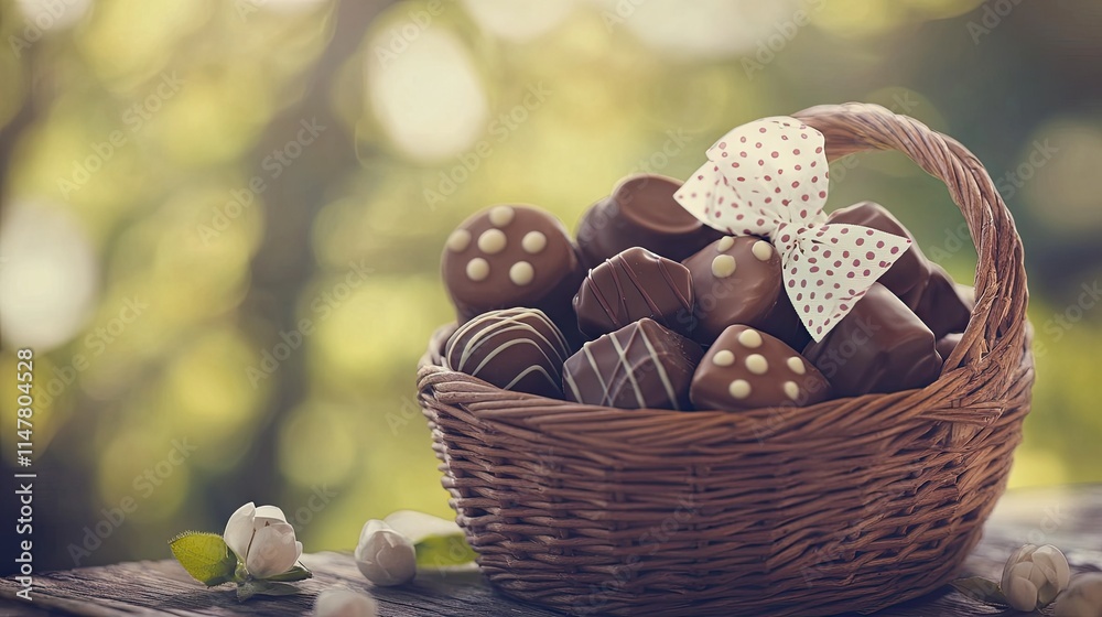 Delicious Handmade Chocolates in a Wicker Basket on a Table Delicious Handmade Chocolates in a Wicker Basket on a Table