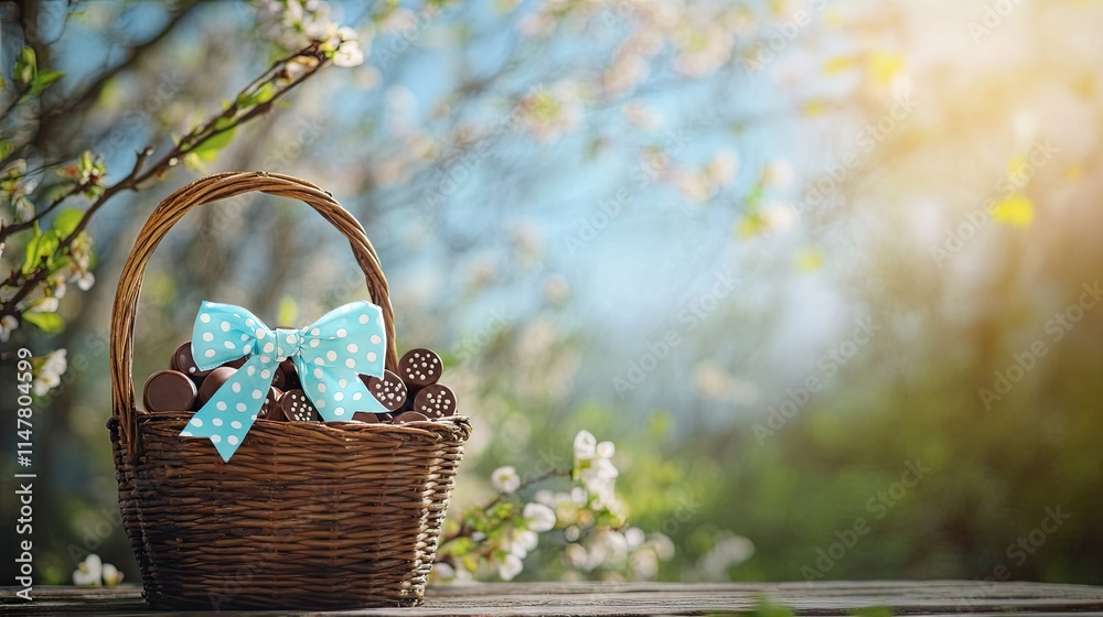 Chocolate Basket with Blue Ribbon Among Blossoming Spring Flowers Chocolate Basket with Blue Ribbon Among Blossoming Spring Flowers