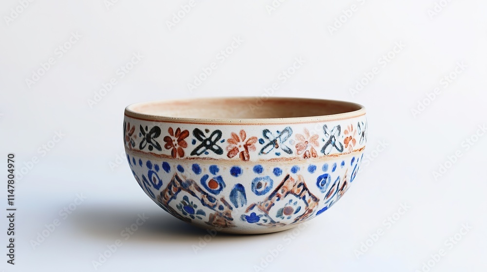 Colorful handmade bowl showcases intricate patterns and cultural