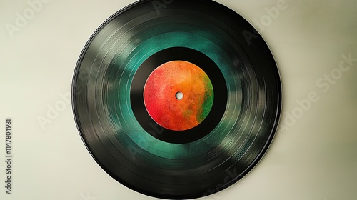 Colorful vinyl record showcases vibrant center, contrasting with