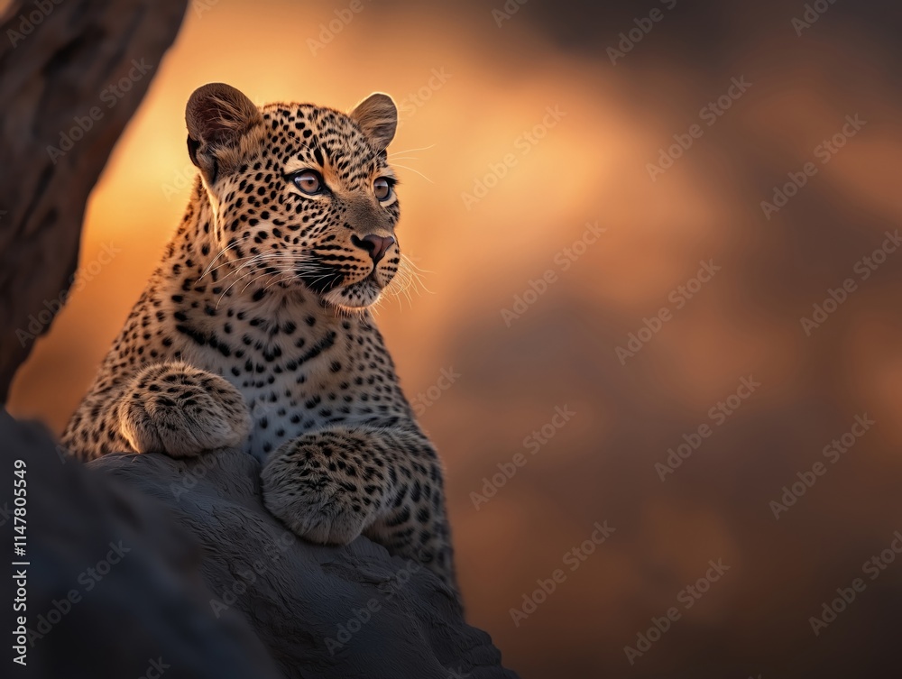 Fototapeta premium A leopard perched on a tree stump, bathed in the golden glow of sunset, its intense gaze directed at the horizon, surrounded by warm and dramatic sky tones