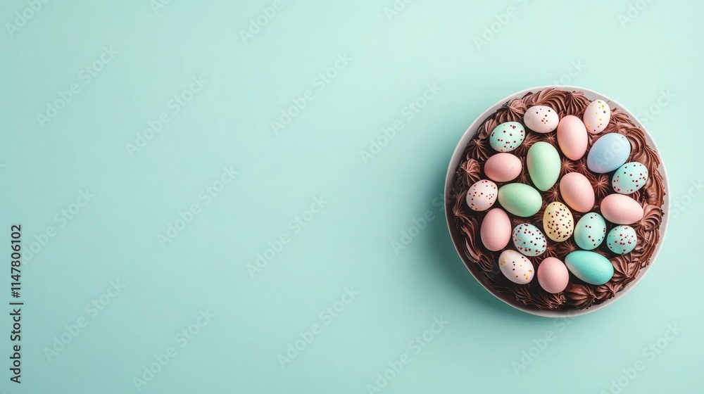 Chocolate egg with colored eggs on teal backdrop. Chocolate egg with colored eggs on teal backdrop.