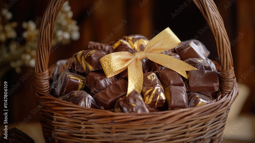 Assorted Chocolate Candies in a Woven Basket with Yellow Ribbon