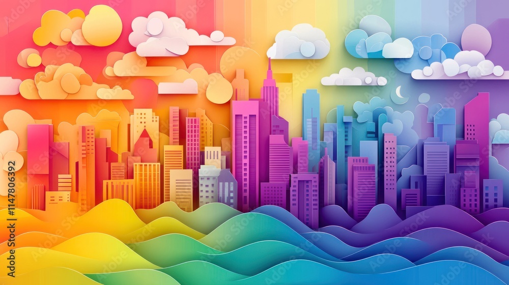 Colorful, layered cityscape paper art with daytime and night. Colorful, layered cityscape paper art with daytime and night.