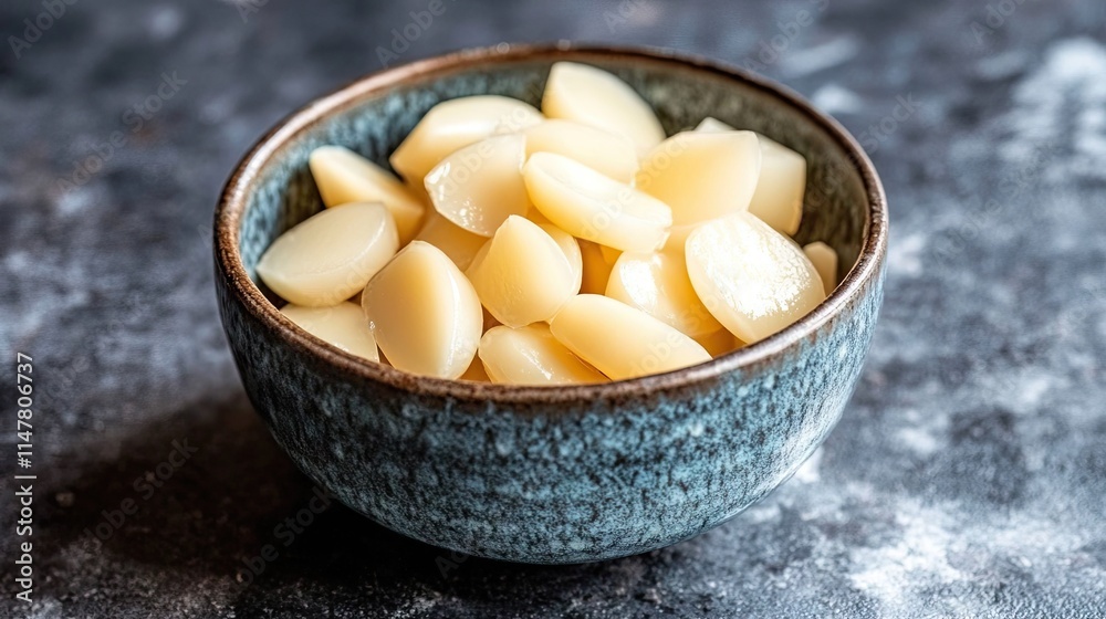 Fresh Garlic Cloves in a Decorative Bowl on Dark Background Fresh Garlic Cloves in a Decorative Bowl on Dark Background