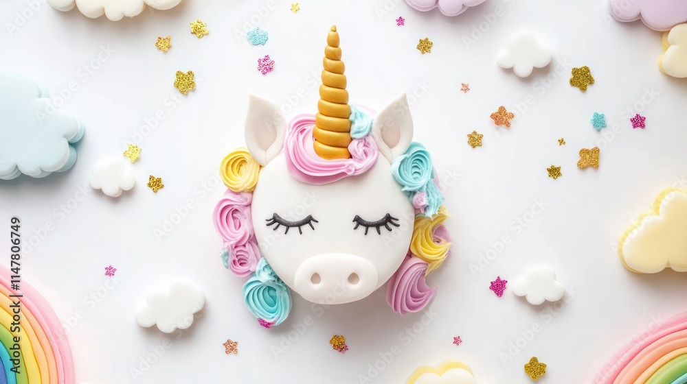 Unicorn cake topper on white background with cloud and star decorations. Unicorn cake topper on white background with cloud and star decorations.