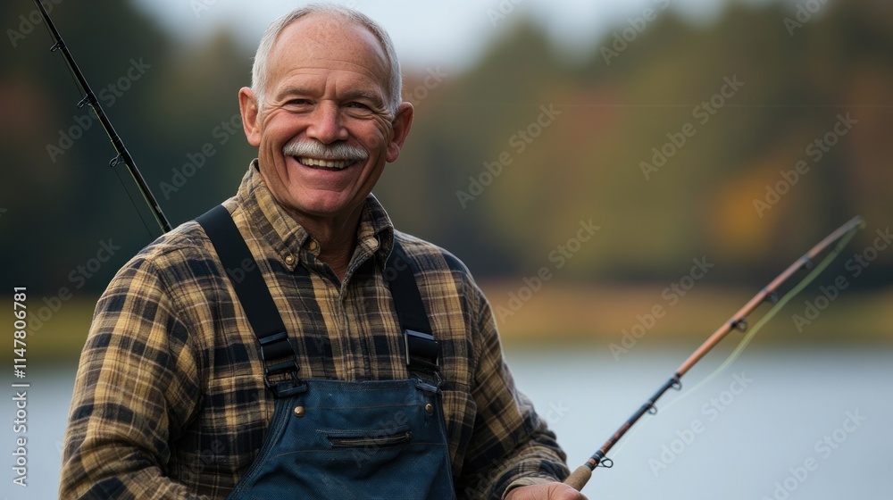 Smiling older man fly fishing with fishing rod outdoor. Smiling older man fly fishing with fishing rod outdoor.