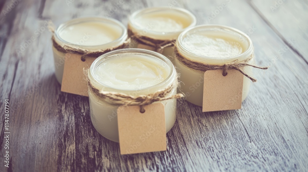 Jars of Creamy Natural Yogurt on Rustic Wooden Surface Jars of Creamy Natural Yogurt on Rustic Wooden Surface
