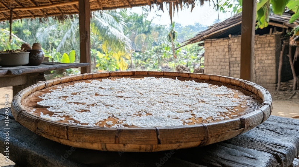 Traditional Drying Process of Rice on Bamboo Tray in Village Setting Traditional Drying Process of Rice on Bamboo Tray in Village Setting