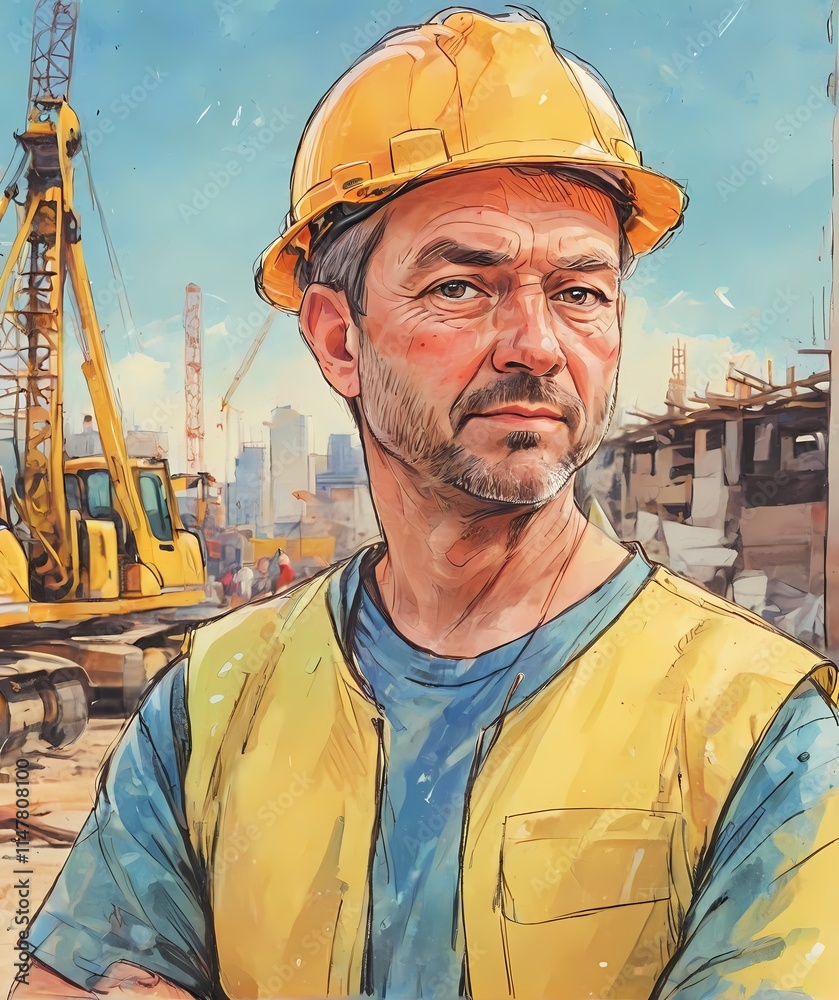 A worker in a hard hat stands on a construction site. surrounded by cranes. buildings. and a bright sky. A worker in a hard hat stands on a construction site. surrounded by cranes. buildings. and a bright sky.