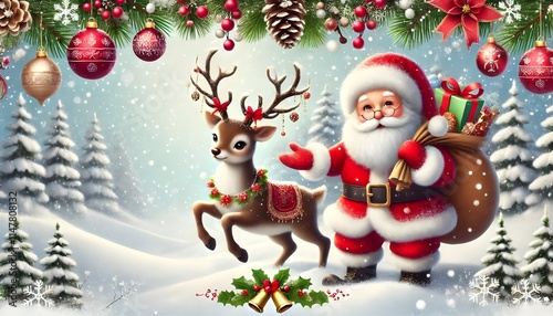 Christmas Santa Claus reindeer on Snowy winter background ; greeting card design with copy space