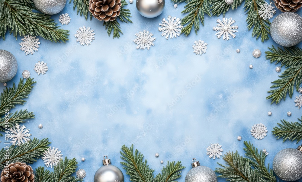 Festive holiday arrangement with silver decorations Festive holiday arrangement with silver decorations