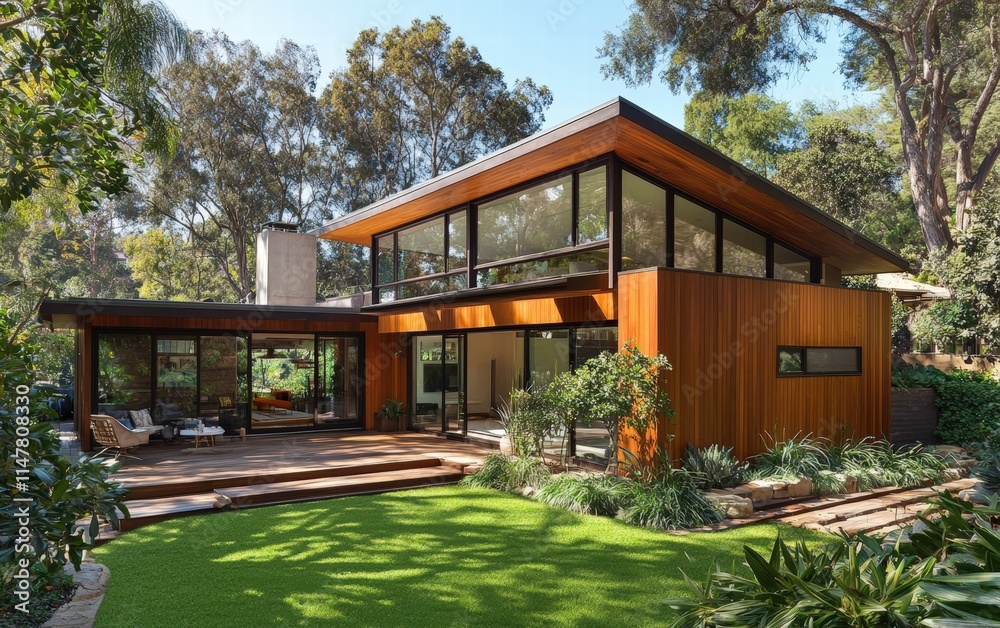 A contemporary house with minimalist architecture, sharp edges, and warm wooden paneling A contemporary house with minimalist architecture, sharp edges, and warm wooden paneling