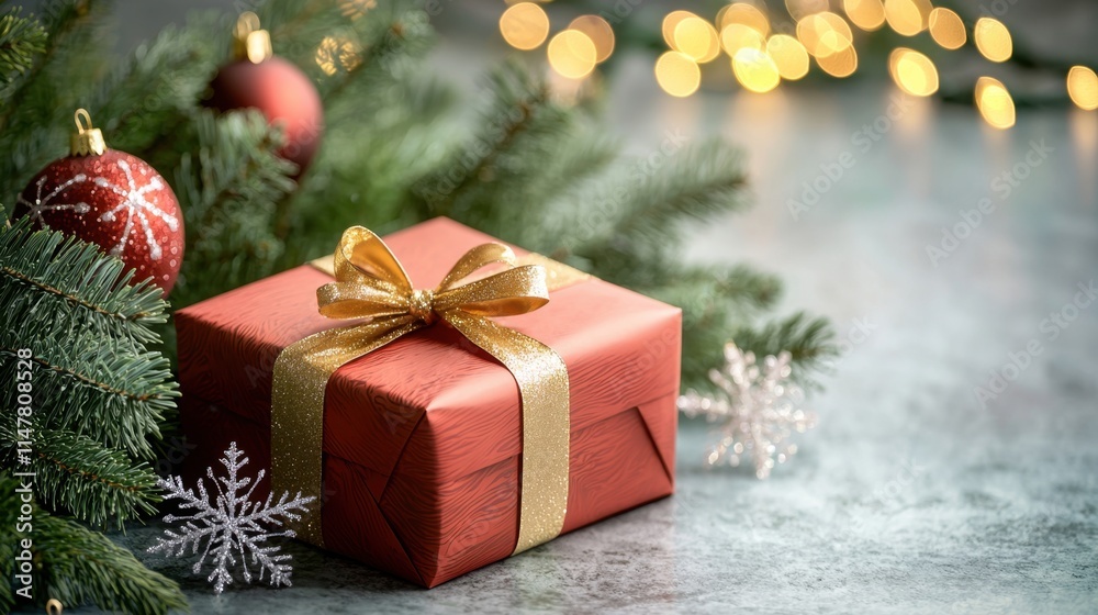 The red Christmas gift, elegantly wrapped in shimmering paper and tied with a sparkling golden ribbon, adds a pop of color among the lush evergreen branches The red Christmas gift, elegantly wrapped in shimmering paper and tied with a sparkling golden ribbon, adds a pop of color among the lush evergreen branches