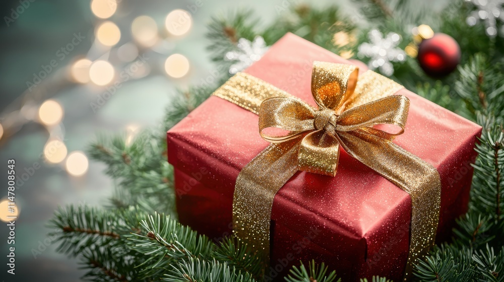 The red Christmas gift, elegantly wrapped in shimmering paper and tied with a sparkling golden ribbon, adds a pop of color among the lush evergreen branches The red Christmas gift, elegantly wrapped in shimmering paper and tied with a sparkling golden ribbon, adds a pop of color among the lush evergreen branches