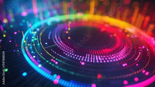 A colorful digital radar chart with brightly colored axes, showing a variety of data points.
