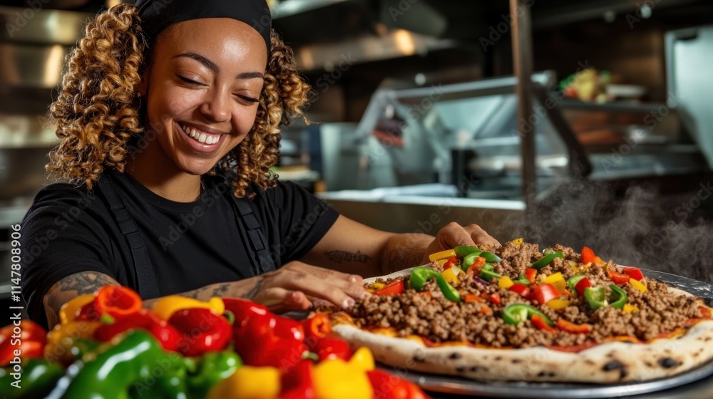 Smiling woman making pizza with fresh peppers. Smiling woman making pizza with fresh peppers.
