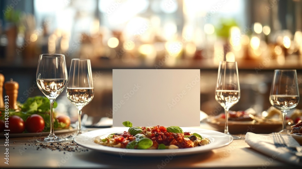 Table set with food, drinks, and blank card. Table set with food, drinks, and blank card.