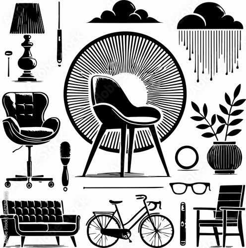 black and white sillhouette of a chair set siolated white background photo