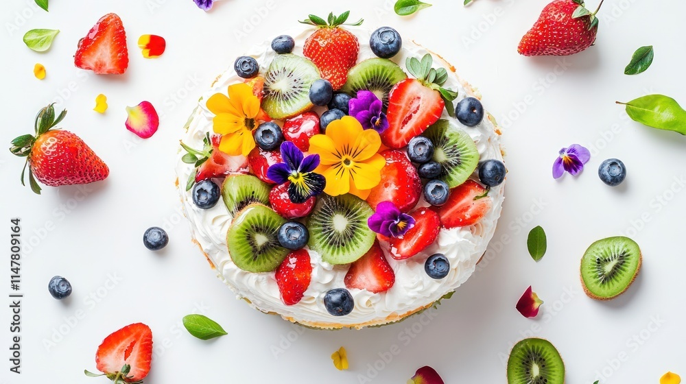 Fruit cake with flowers on white background. Fruit cake with flowers on white background.
