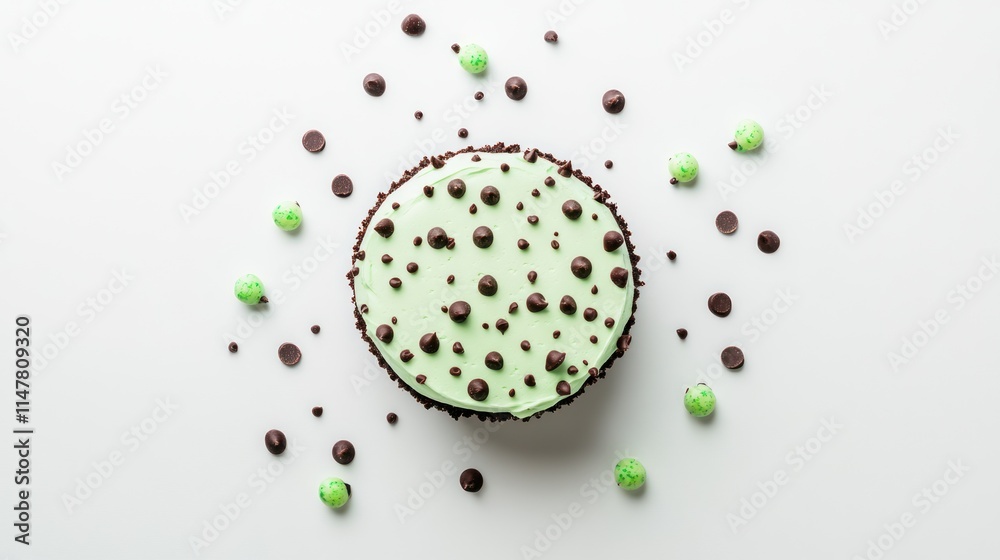 Mint cake with chocolate chips and green candies on white background. Mint cake with chocolate chips and green candies on white background.