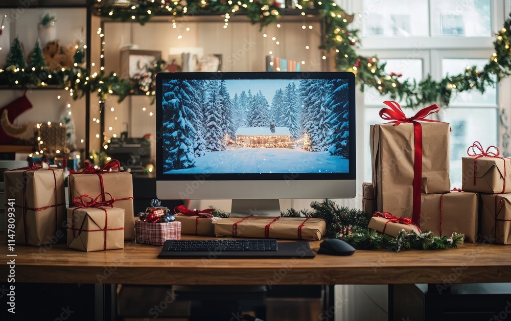 A creative home office with wrapped gifts stacked nearby, a garland draped over the desk, and a digital snow scene on the monitor A creative home office with wrapped gifts stacked nearby, a garland draped over the desk, and a digital snow scene on the monitor