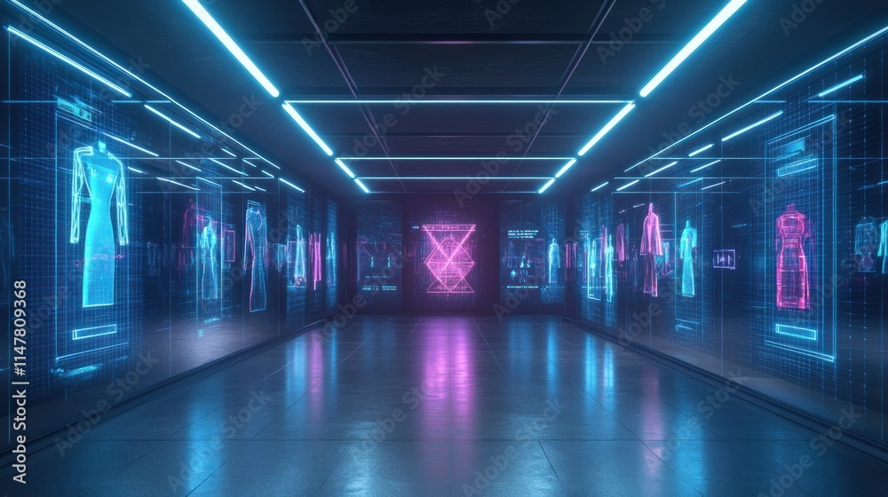 Fototapeta premium Digital clothing displays within a glowing neon futuristic corridor.