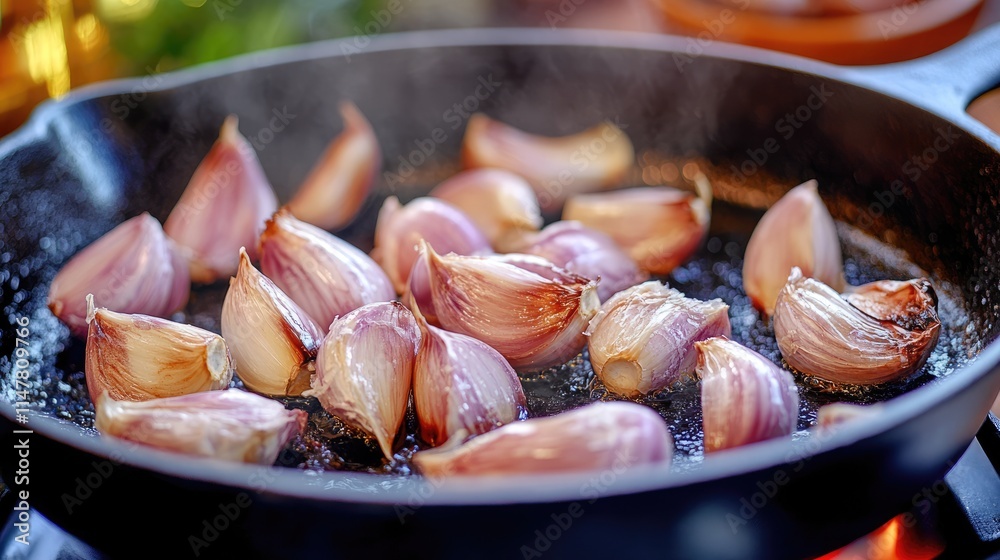 Raw Garlic Cloves Cooking in a Hot Cast Iron Skillet Raw Garlic Cloves Cooking in a Hot Cast Iron Skillet