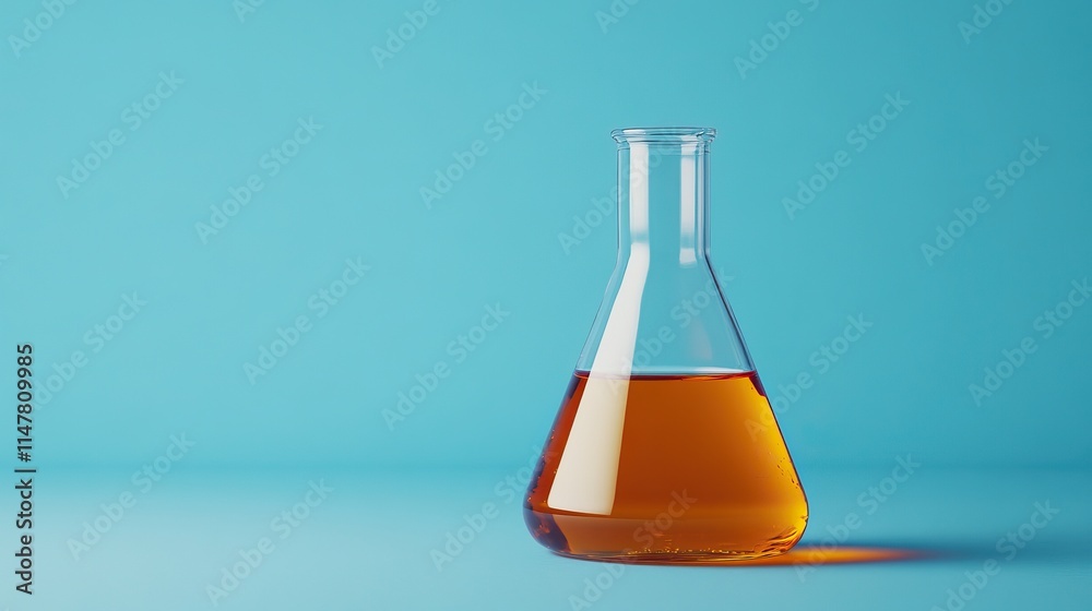 Erlenmeyer flask filled with amber liquid on blue background, symbolizing science and research in medical lab, using lab equipment for recommendations, isolated concept. Erlenmeyer flask filled with amber liquid on blue background, symbolizing science and research in medical lab, using lab equipment for recommendations, isolated concept.