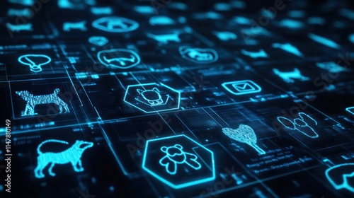 Blue glowing digital animal icons network.
